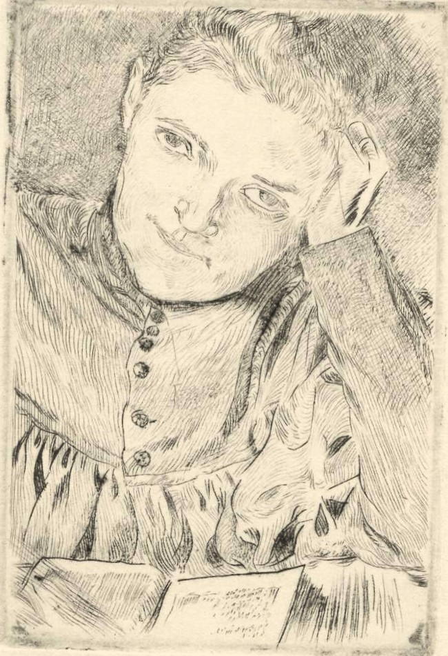 Антикварная гравюра С. Масловский. Портрет жены художника. Сухая игла. 1905 г.